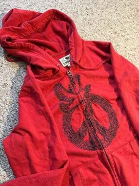 Vintage Lucky Brand Red Zip-Up Hoodie with Peace Sign Graphic